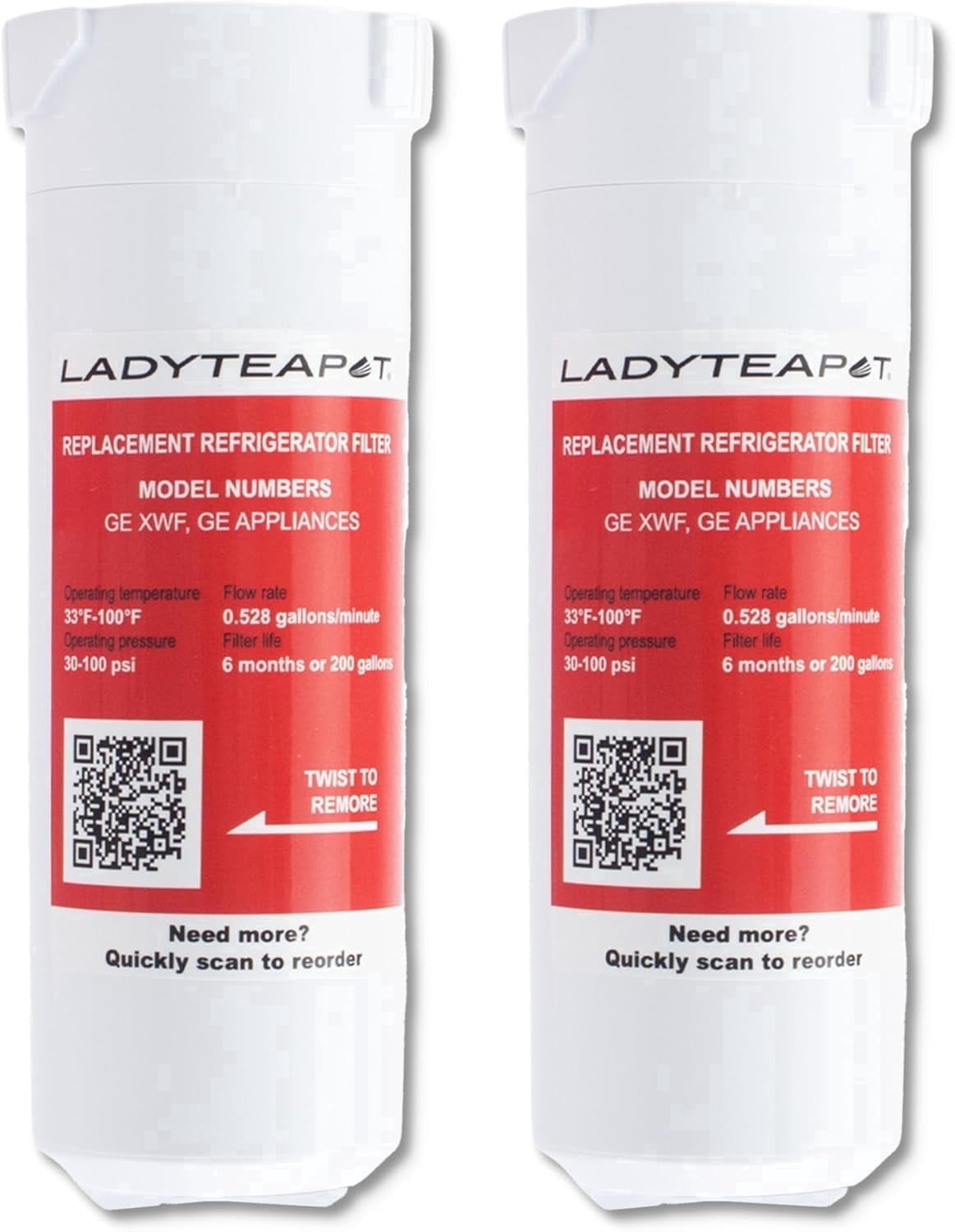 LADYTEAPOT XWF Refrigerator Water Filter, Replacement for GE® XWF, WR17X30702, NSF 42/372 Certified, Compatible with GE® GNE27, GFE26, GDE25, GSS25, PSE25 Series Refrigerators, 2 Pack (No-chip)
