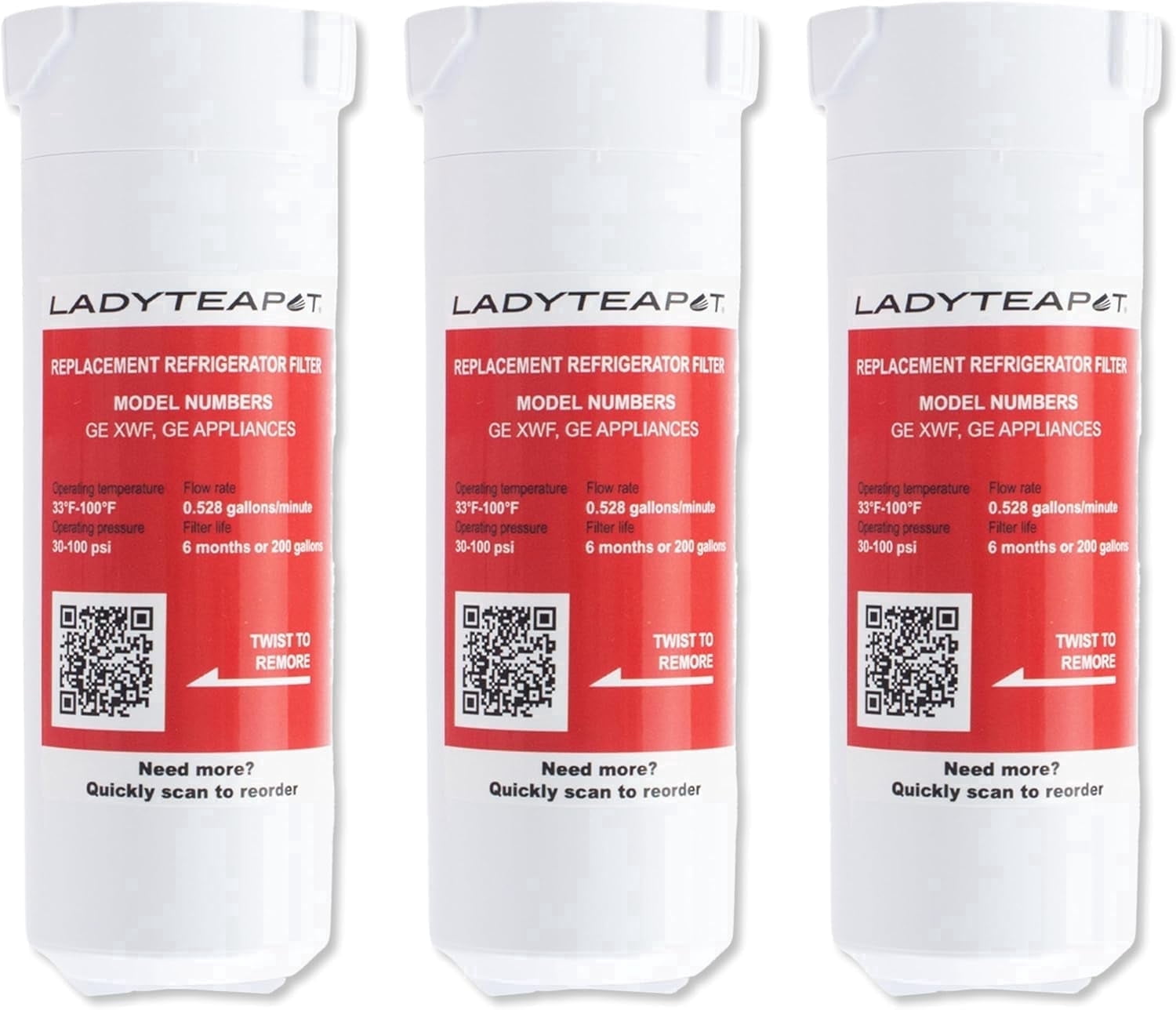 LADYTEAPOT XWF Refrigerator Water Filter, Replacement for GE® XWF, WR17X30702, NSF 42/372 Certified, Compatible with GE® GNE27, GFE26, GDE25, GSS25, PSE25 Series Refrigerators, 3 Pack (No-chip)