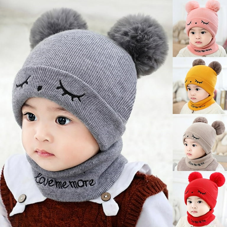 XWQ 1 Set Baby Beanie Hat Scarf Solid Color Knitted Boys Girls Windproof Fluffy Pompom Children Cap Set for Outdoor