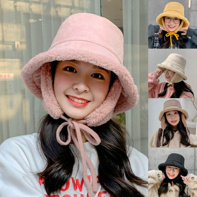 XWQ Ear Flap Lace Up Bucket Hat Wide Brim Women Solid Color Cashmere Lined  Fisherman Cap for Autumn Winter