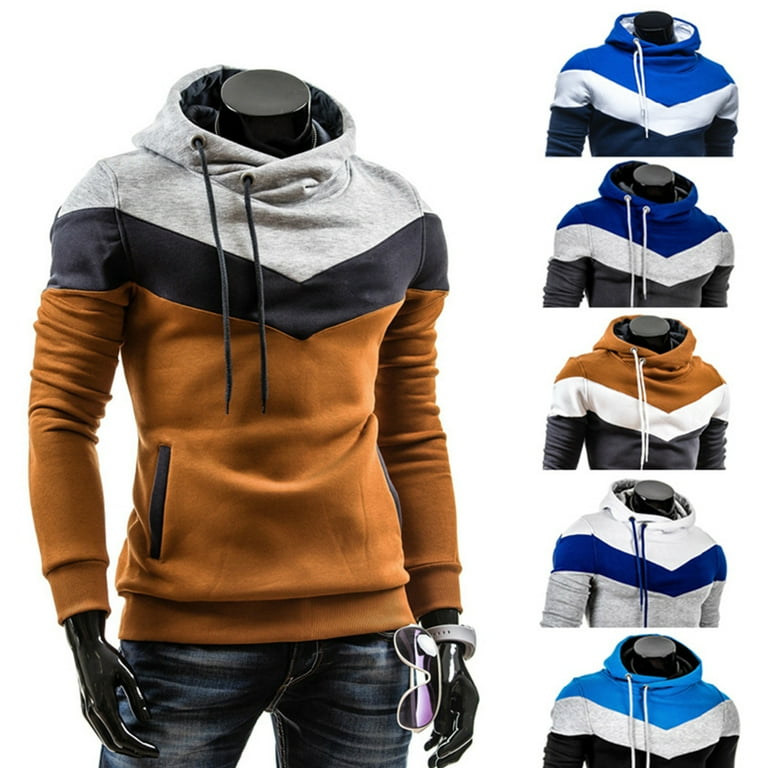 XWQ Fashion Men Color Block Patchwork Hooded Long Sleeve Pullover Hoodie Sweatshirt