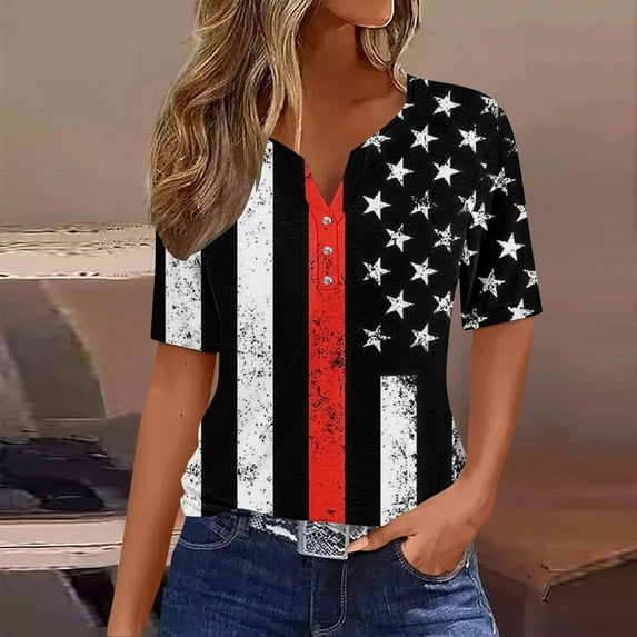 XWSHYW 4th of July Shirts Women Loose Fit V Neck USA Flag Patriotic T Shirt Fashion American Stars Stripes Short Sleeve Tee Gift for Best Friend Wife Sister Mother