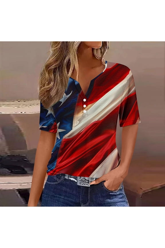 4th of July Shirts Women Loose Fit V Neck USA Flag Patriotic T Shirt Fashion American Stars Stripes Short Sleeve Tee Gift for Best Friend Wife Sister Mother