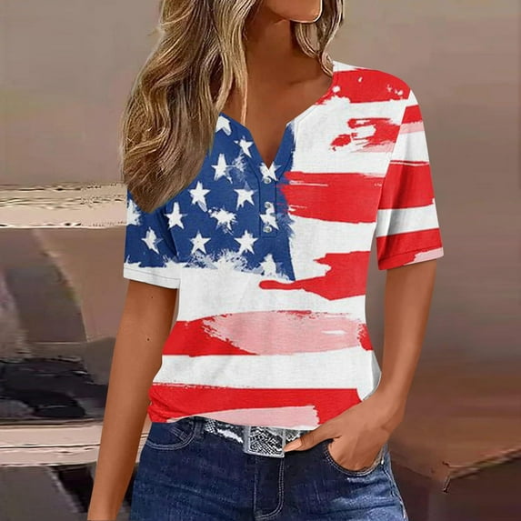XWSHYW 4th of July Tops for Women Loose Fit V Neck USA Flag Patriotic T Shirt Fashion American Stars Stripes Short Sleeve Tee Gift for Best Friend Wife Sister Mother