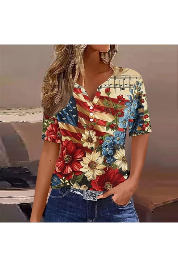 American Flag Shirt Women Leisure V Neck Loose Fit Patriotic Shirts Summer Fashion Stars Pattern Short Sleeve Tee Gift for Best Friend Wife Sister Mother
