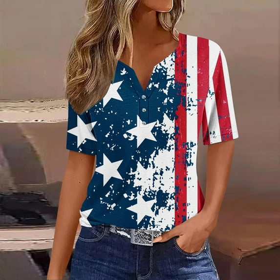 XWSHYW American Flag Shirt Women Loose Fit V Neck USA Flag Patriotic T Shirt Fashion American Stars Stripes Short Sleeve Tee Gift for Best Friend Wife Sister Mother