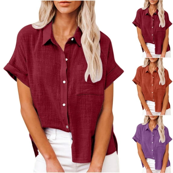 XWSHYW Button down Shirts for Women Fashion Summer Loose Fit V Neck Blouse Tees Solid Color Leisure Short Sleeve Collared Work Blouse Top Gift for Women