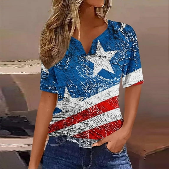 XWSHYW Fourth of July Shirts for Women Loose Fit V Neck USA Flag Patriotic T Shirt Fashion American Stars Stripes Short Sleeve Tee Gift for Best Friend Wife Sister Mother
