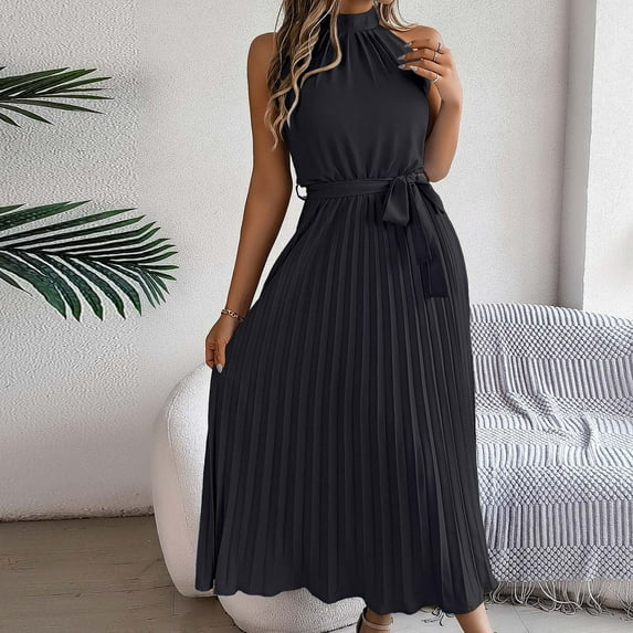 XWSHYW Holiday Clothes Sexy Sleeveless Loose Fit Beach Long Dress Plus Size Solid Color Crew Neck Holiday Party Dresses