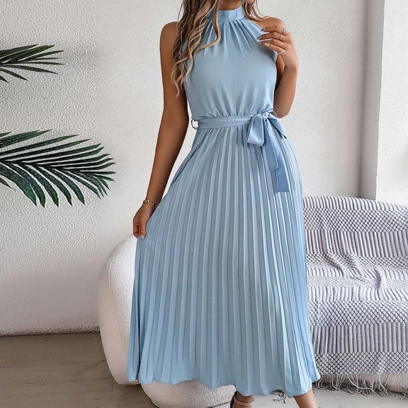 XWSHYW Holiday Clothes Sexy Sleeveless Loose Fit Beach Long Dress Plus Size Solid Color Crew Neck Holiday Party Dresses