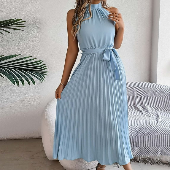 XWSHYW Holiday Clothes Sexy Sleeveless Loose Fit Beach Long Dress Plus Size Solid Color Crew Neck Holiday Party Dresses