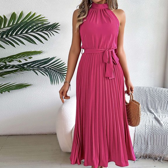 XWSHYW Holiday Clothes Sexy Sleeveless Loose Fit Beach Long Dress Plus Size Solid Color Crew Neck Holiday Party Dresses