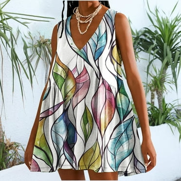 XWSHYW Holiday Clothes for Women Sexy Sleeveless Loose Fit Beach Mid-Length Dress Plus Size Floral Pattern V Neck Holiday Party Dresses Deals of The Week Clearance