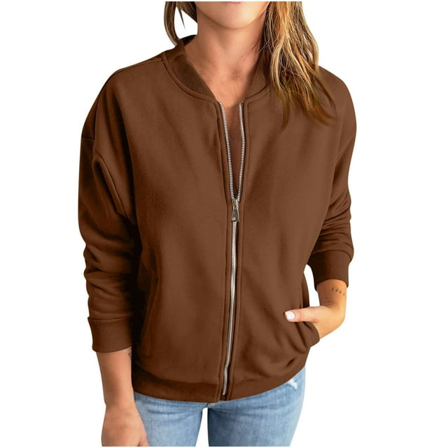 XWSHYW Jackets for Women Fashion Solid Color Long Sleeve Coat Leisure Loose Fit Zip-Up Outerwear Jackets Fall Savings Clearance