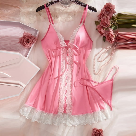 XWSHYW Lingeire Set Fashion Solid Color Lace Babydoll Chemise Sexy Spaghetti Straps Sleeveless Bra and Panty Set Lingeire Sets for Women