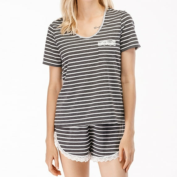 XWSHYW Nightshirts for Women Plus Size Fashion 2 Piece Striped Pattern Short Sleeve Nightgowns with Shorts Leisure Crew Neck Loose Fit Pajama Set Gift for Women