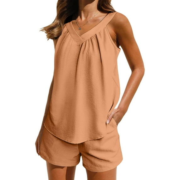 XWSHYW Pajama Sets for Women Summer Solid Color Breathable Pajama Set Leisure Crew Neck Sleeveless Sleepwear with Shorts Womens Pajama Sets