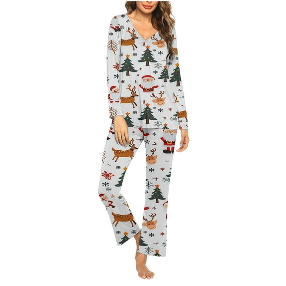 XWSHYW Pajamas for Women Loose Fit Long Sleeve Crew Neck Sleepwear Plus Size Geometric Pattern Casual Christmas Pajamas