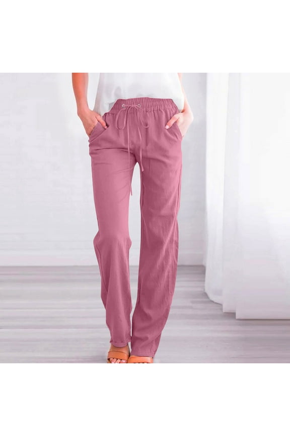 Pants for Women Fashion Solid Color Straight Wide Leg Trousers Pants Leisure Breathable Drawstring Pants with Pockets