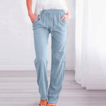XWSHYW Pants for Women Fashion Solid Color Straight Wide Leg Trousers Pants Leisure Breathable Drawstring Pants with Pockets Summer Savings Clearance