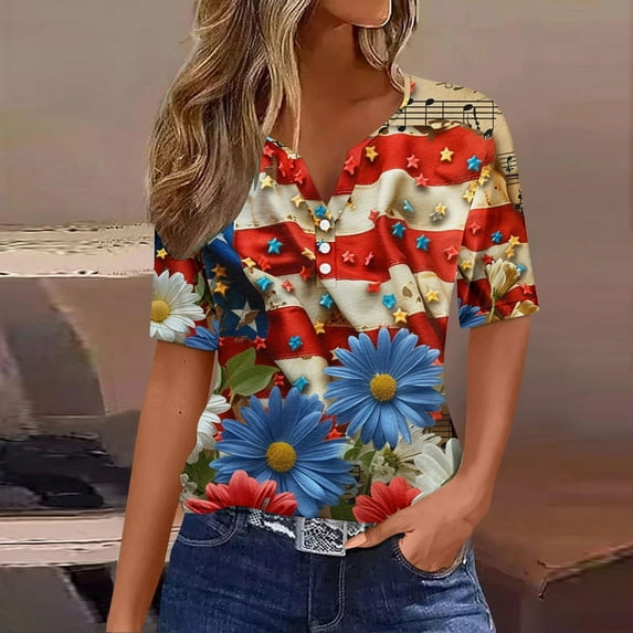 XWSHYW Patriotic Shirts for Women Loose Fit V Neck USA Flag Patriotic T Shirt Fashion American Stars Stripes Short Sleeve Tee Gift for Best Friend Wife Sister Mother