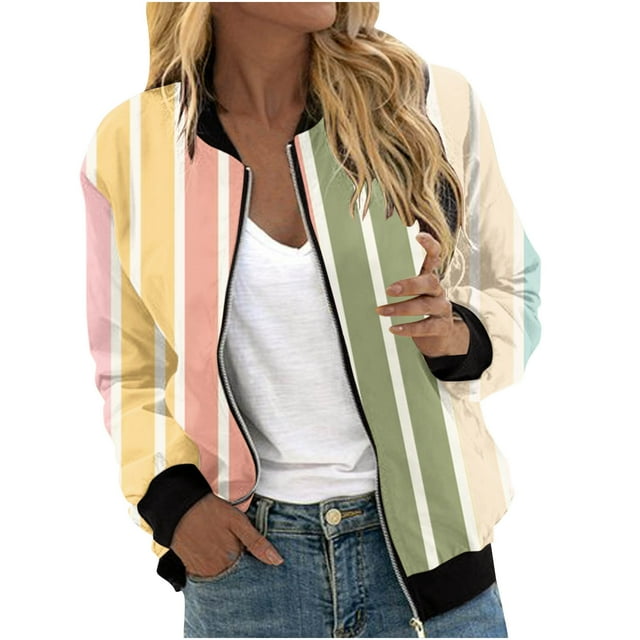 XWSHYW Plus Size Womens Clothes Plus Size Long Sleeve Zip-Up Outerwear Jackets Fashion Striped Pattern Loose Fit Mid-Length Outerwear Coats Flash Sales for Today