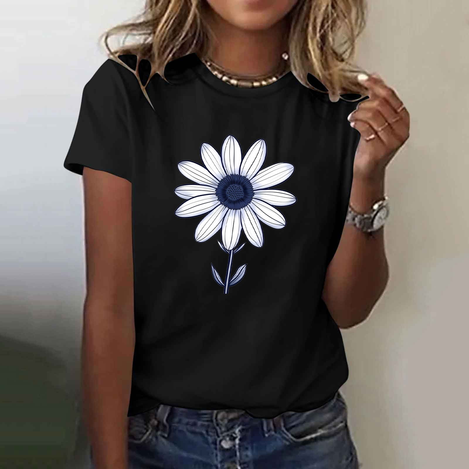 XWSHYW Short Sleeve Oversized Tshirts for Women Summer Crew Neck Floral ...