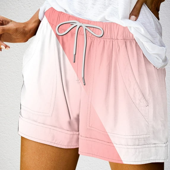 XWSHYW Shorts for Women Plus Size Striped Pattern Elastic Waist Shorts Pants Loose Fit Drawstring Casual Pockets Short Summer Savings Clearance
