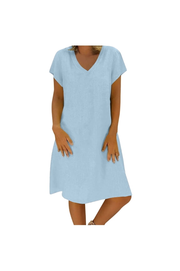 Spring Dresses for Women 2025 Summer Dresses , Casual Cotton Linen V Neck Short Sleeve Loose Solid Dress, Sizes S-3XL
