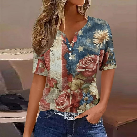 XWSHYW Fashion American Stars Stripes Short Sleeve Tee Loose Fit V Neck USA Flag Patriotic T Shirt Gift for Best Friend Wife Sister Mother