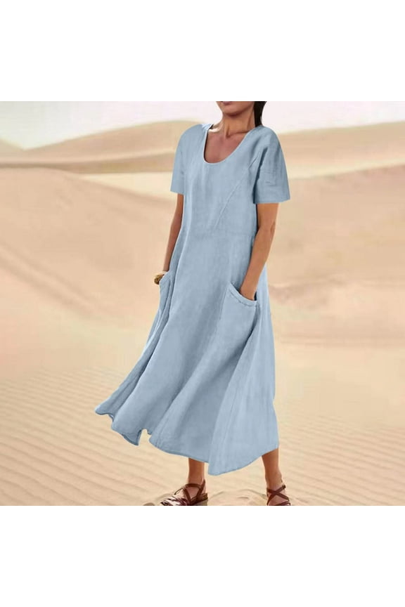 Women Dress Cotton and Linen Solid Color Crew Neck Long Dress Casual Short Sleeve Loose Fit Beach Dress