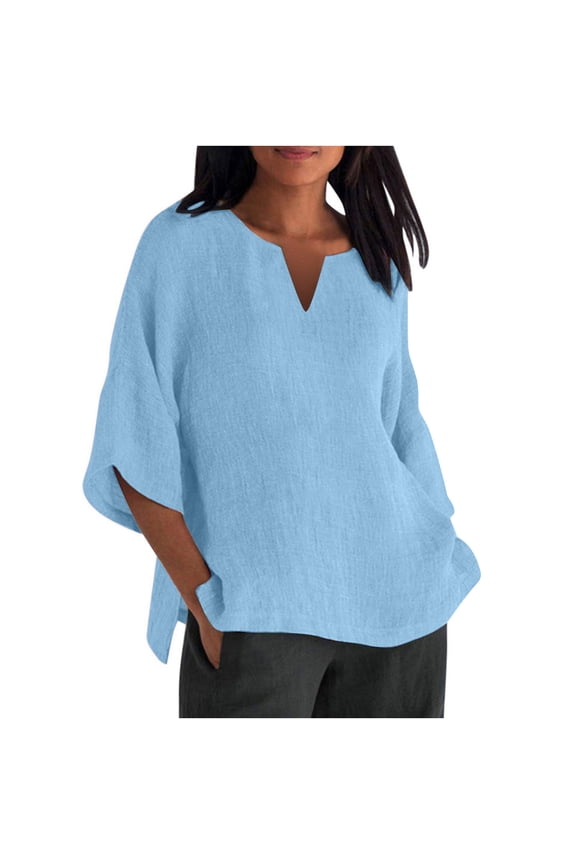 Women's Tops Casual Three-Quarter Sleeve V Neck Solid Loose Tee Tops