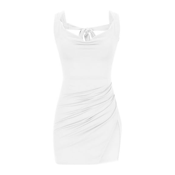 XWSHYW Womens Clothes Fashion Solid Color Crew Neck Holiday Party Dresses Sexy Sleeveless Slim Fit Beach Cocktail-Length Dress