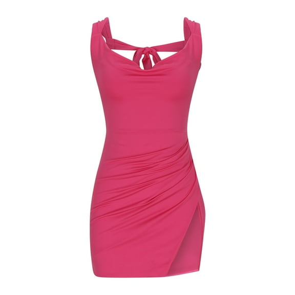 XWSHYW Womens Clothes Fashion Solid Color Crew Neck Holiday Party Dresses Sexy Sleeveless Slim Fit Beach Cocktail-Length Dress