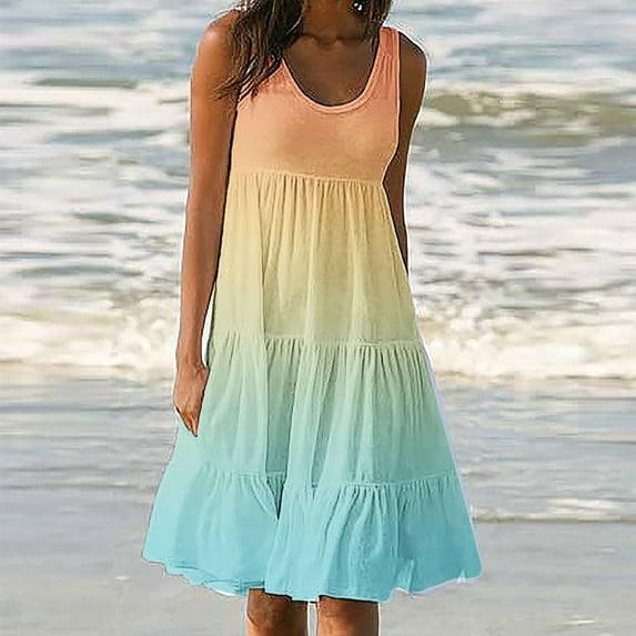 XWSHYW Womens Dresses Loose Crew Neck Pleated Dresses Fashion Print Sleeveless Party Beach Dress Evening Party Flowy Sexy Knee Vintage Women'S Wear To Work Dresses