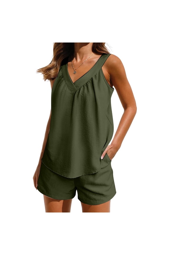 Womens Pajamas Fashion 2 Piece Solid Color Sleeveless Sleepwear with Shorts Plus Size Crew Neck Loose Fit Pajama Set Gift for Women