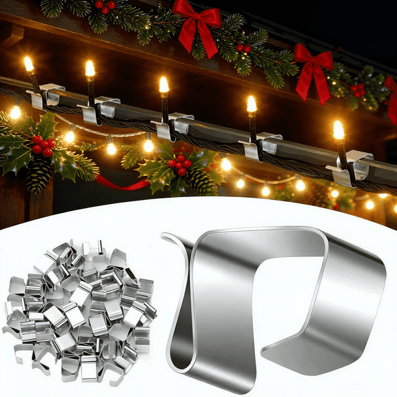 XWYUNDA 50Pcs Stainless Steel Gutter Clips for Outdoor Lights, Weatherproof Hooks for Christmas String Lights, Year-Round Gutter Hangers for Eaves, Fence, Party Decor