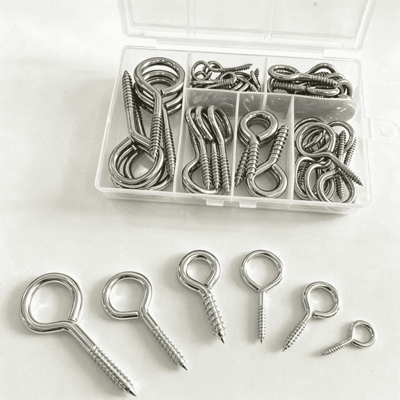 XWYUNDA 65PCS Zinc Plated Screw Eye Hooks Kit, 6 Sizes (0.98"-2.55") Heavy Duty Metal Eye Bolts for Wood, Crafts, Hanging & DIY Projects