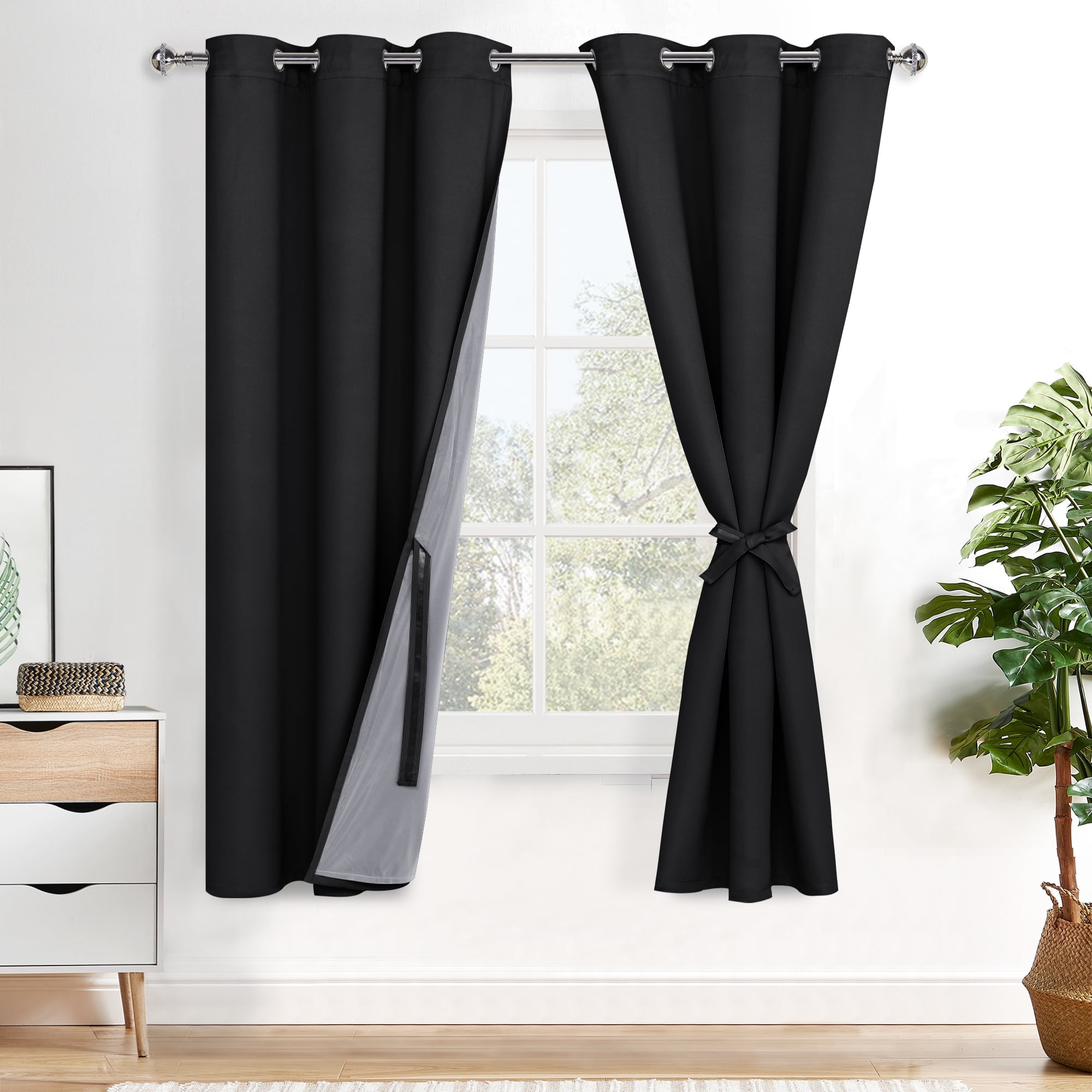 XWZO Black 100% Double Layer Blackout Curtains 63 Inches Long for ...