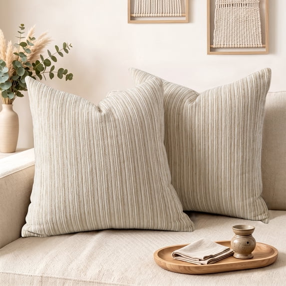XWZO 18x18 inch Chenille Pillow Covers 2 Pieces Set, Square Fluffy Boho Striped Decorative Cushion Covers for Couch/Sofa/Bed, Beige-Striped (NO PILLOW INSERT)