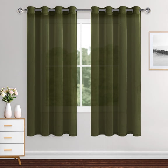 XWZO Olive Green Sheer Curtains 72 Inch Length 2 Panels Set with Tiebacks, Grommet Semi Transparent Light Filtering Window Curtain Drapes for Bedroom Living Room, W52 x L72