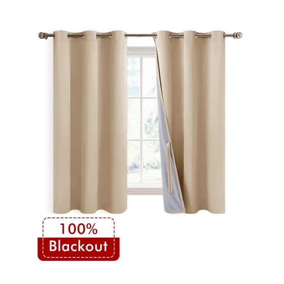 XWZO Biscotti Beige 100% Double Layer Blackout Curtains 45 Inches Long for Bedroom with Liner,Grommet Thermal Insulated Living Room Darkening Drapes with Tiebacks(Biscotti Beige,42"W x 45"L,2 Panels)