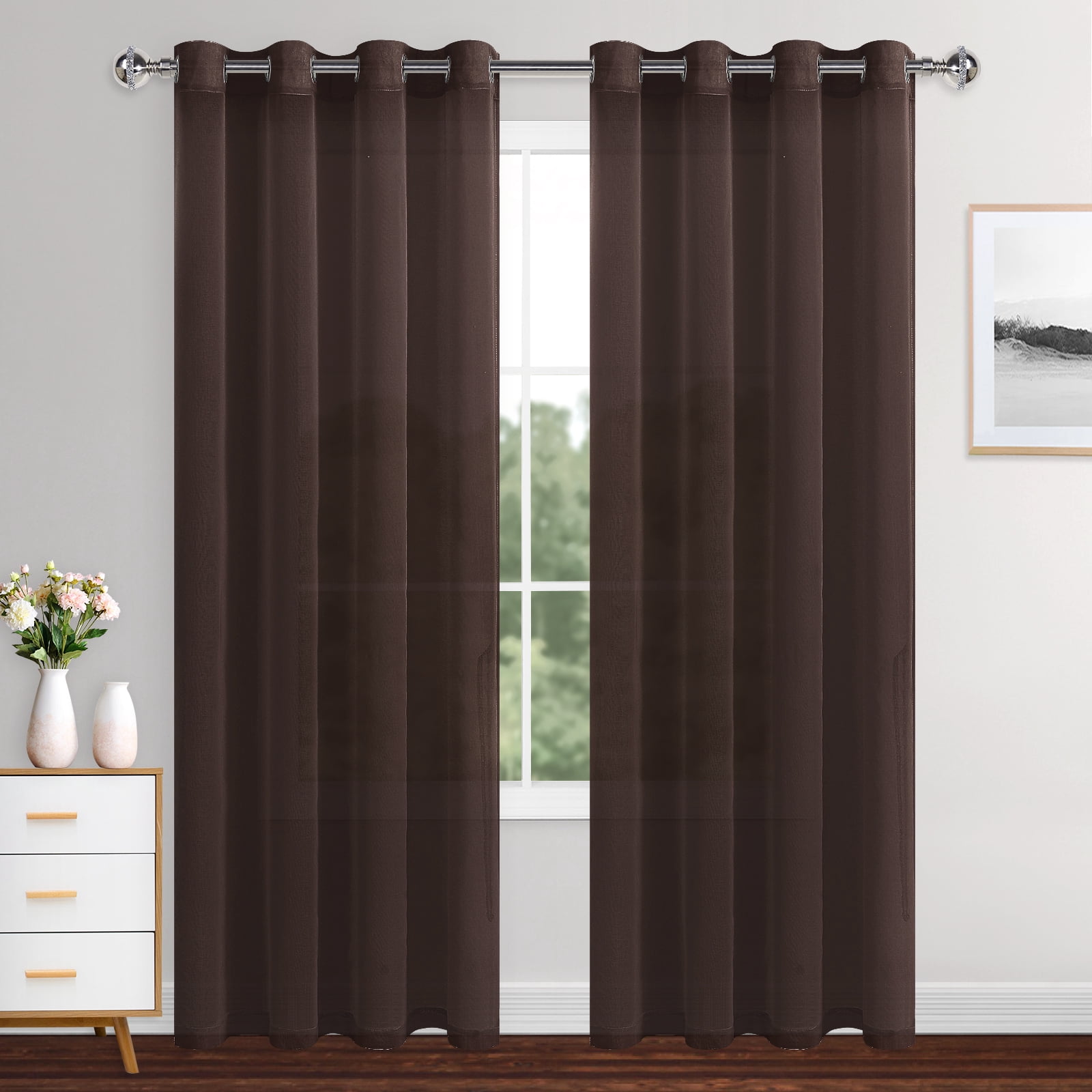 XWZO Brown Curtains 84 Long Set of 2, Grommet Sheer Curtains with