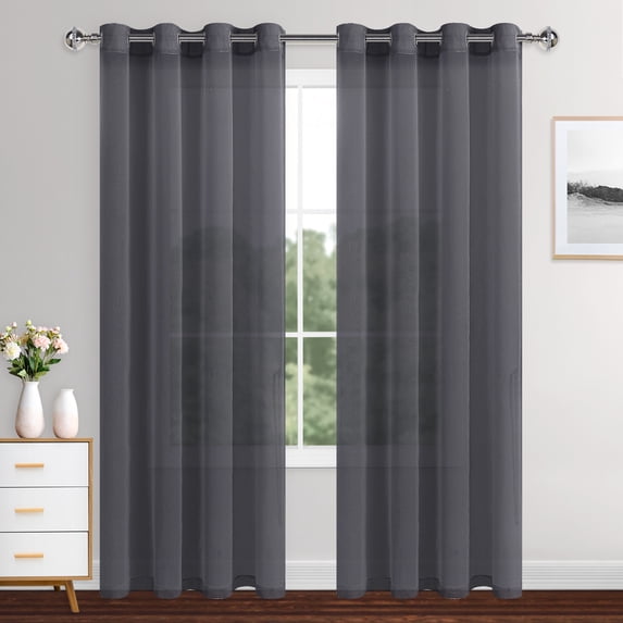XWZO Dark Gray Sheer Curtains, 84 Inch Length 2 Panels Set with Tiebacks, Grommet Semi Transparent Light Filtering Window Drapes for Bedroom Living Room Dining Wedding Backdrop, W52 x L84