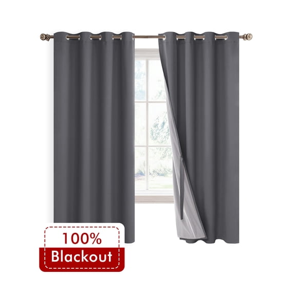XWZO Dark Grey 100% Double Layer Blackout Curtains 63 Inches Long for Bedroom with Liner,Grommet Thermal Insulated Living Room Darkening Drapes with Tiebacks(Dark Grey,52"W x 63"L,2 Panels)
