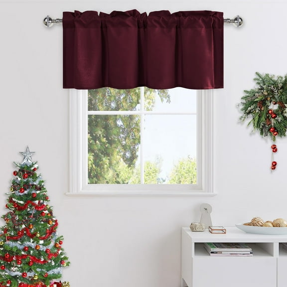 XWZO Farmhouse Burgundy Valance Curtain for Kitchen, Room Darkening Rod Pocket Short Curtains for Bathroom, Window Toppers Cafe Curtain 1 Panel, W42 x L18, Burgundy