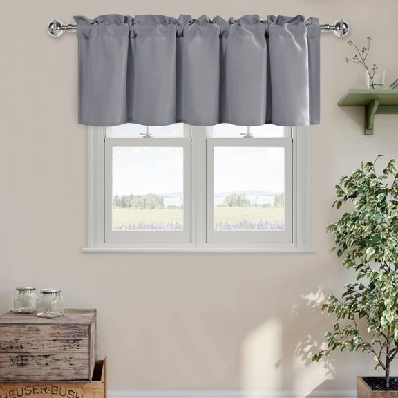 XWZO Farmhouse Gray Valance Curtain for Kitchen, Room Darkening Rod Pocket Short Curtains for Bathroom, Window Toppers Cafe Curtain 1 Panel, W52 x L18, Grey