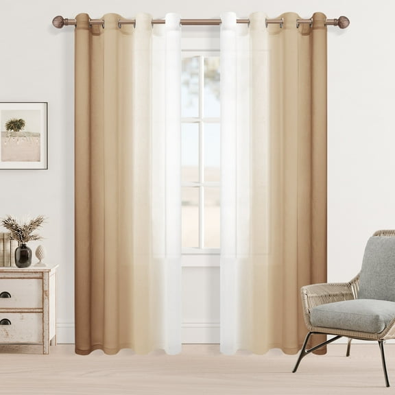 XWZO Faux Linen Ombre Sheer Curtains 96 inches Long, Lightweight Gradient Semi Sheer Curtains for Bedroom and Living Room, Set of 2 Grommet Window Curtain Panels, 52 x 96 Inches, Taupe