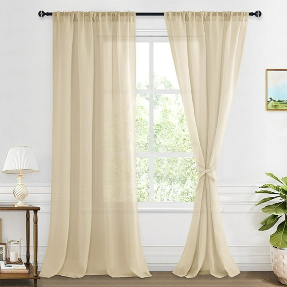 XWZO Linen Semi Sheer Curtains,Privacy Enhancing & Light Filtering Rod Pocket Drapes for Living Room with Tiebacks(Beige,W52 x L96 Inch,2 Panels)