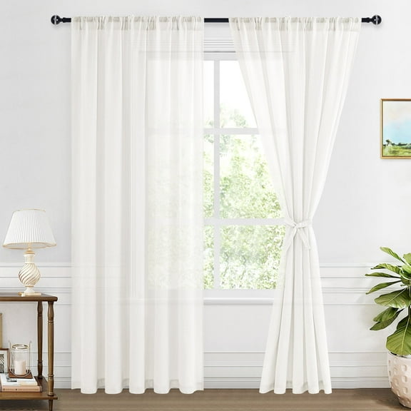 XWZO Linen Semi Sheer Curtains,Privacy Enhancing & Light Filtering Rod Pocket Drapes for Living Room with Tiebacks(Ivory,W70 x L84 Inch,2 Panels)